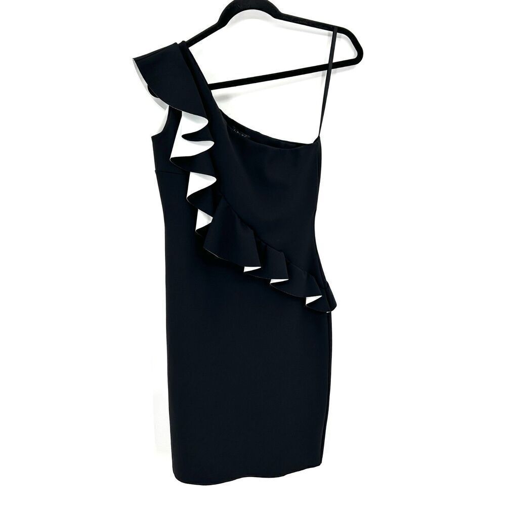 CHIARA BONI Black White One Shoulder Ruffle Mini Formal Cocktail Dress Size 44